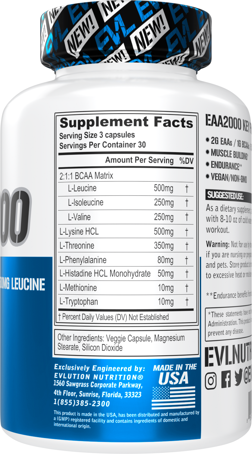 Evlution Nutrition EAA2000: Pre & Post-Workout Capsules with Essential Amino Acids & BCAAs – 30 Servings