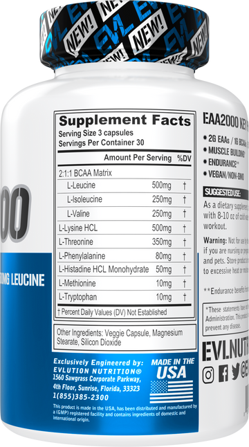 Evlution Nutrition EAA2000: Pre & Post-Workout Capsules with Essential Amino Acids & BCAAs – 30 Servings