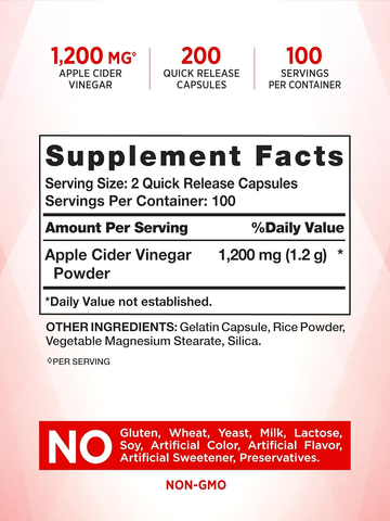 Apple Cider Vinegar Capsules | 1200mg | 200 Pills | Extra Strength | Value Size | Non-GMO, Gluten Free Supplement