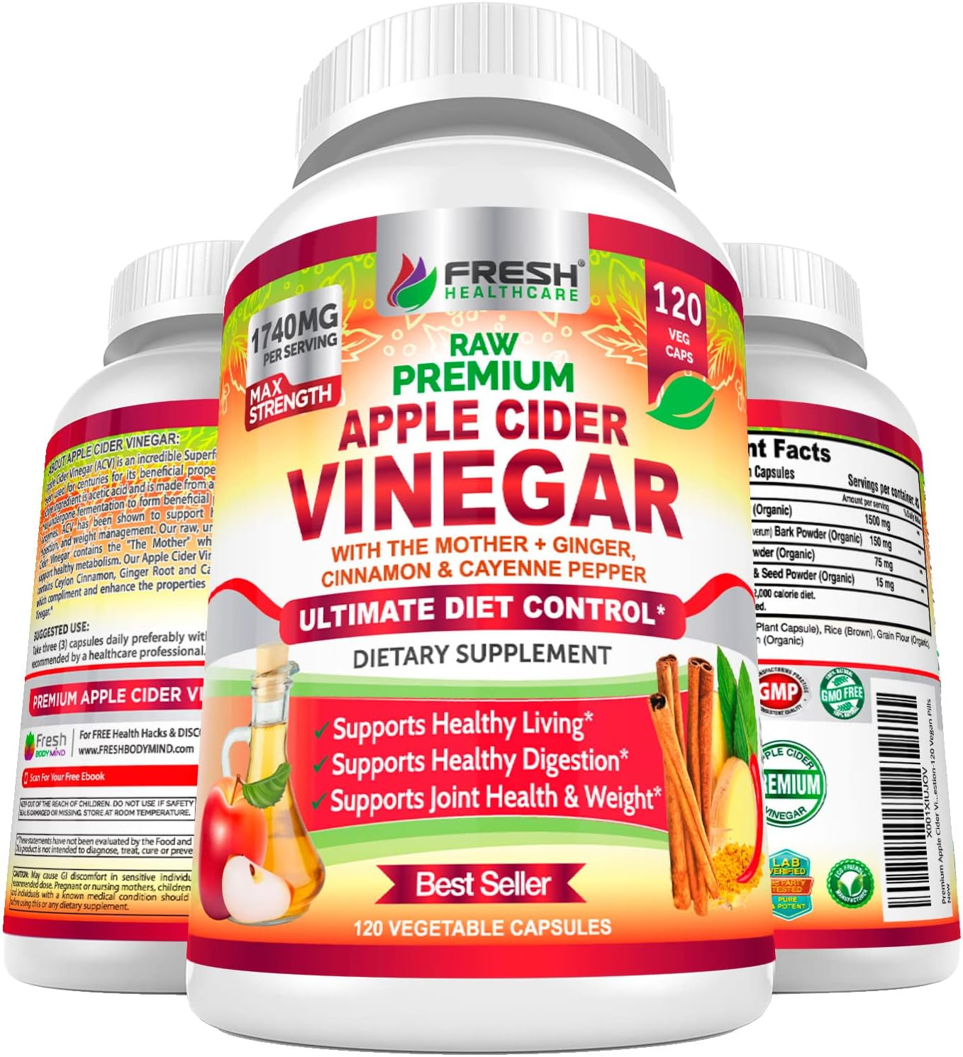 Apple Cider Vinegar Capsules Max 1740mg with Mother - 100% Natural & Raw with Cinnamon, Ginger & Cayenne Pepper - Ideal for Healthy Living, Detox & Digestion -120 Vegan Pills