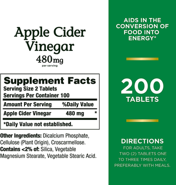 Apple Cider Vinegar 480mg Pills, Vegetarian Supplement Plant Based, 200 Tablets